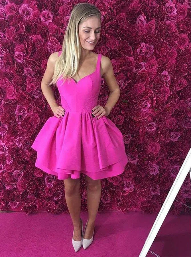 Sexy Eyelet Criss-Cross Back Fuchsia Short Satin Party Dress With Layers OC110