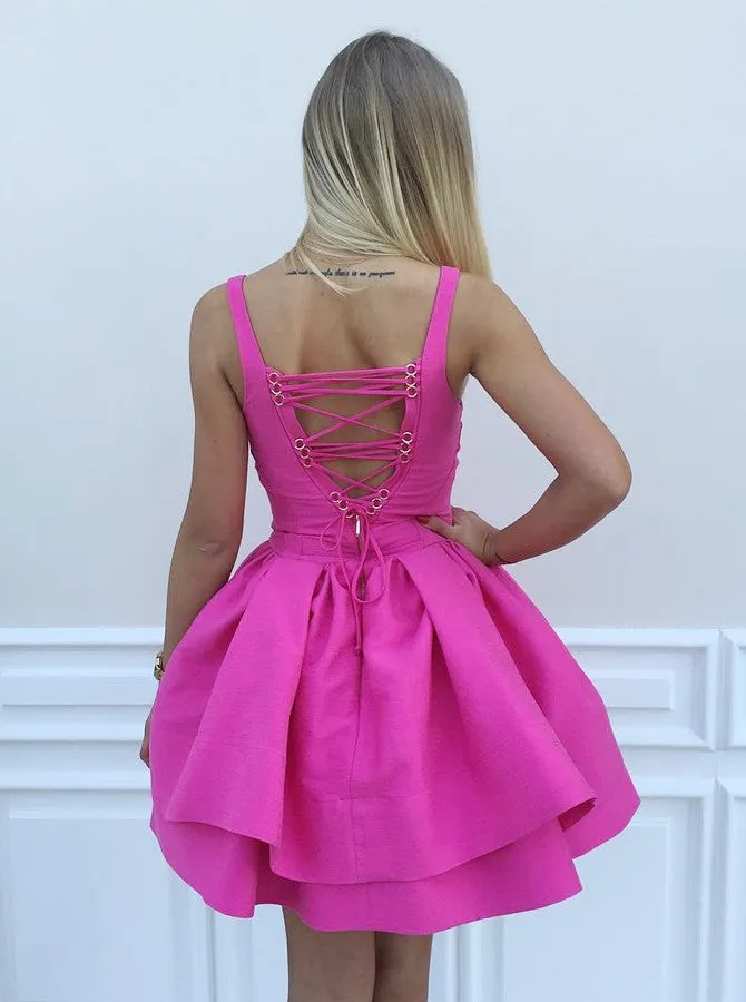 Sexy Eyelet Criss-Cross Back Fuchsia Short Satin Party Dress With Layers OC110