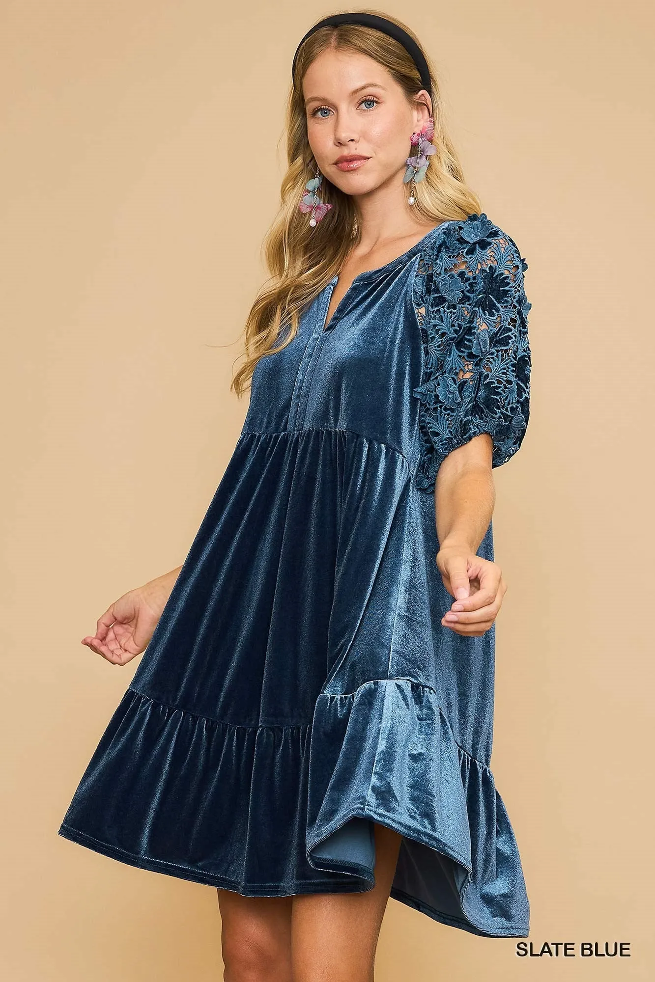 Slate Blue Velvet Tiered Dress w/ Lace Sleeves