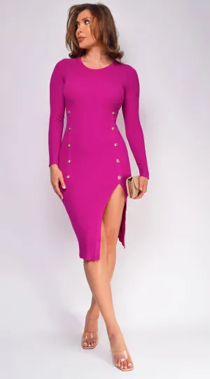 Sophina Magenta Purple Long Sleeve Ribbed Side Slit Midi Dress