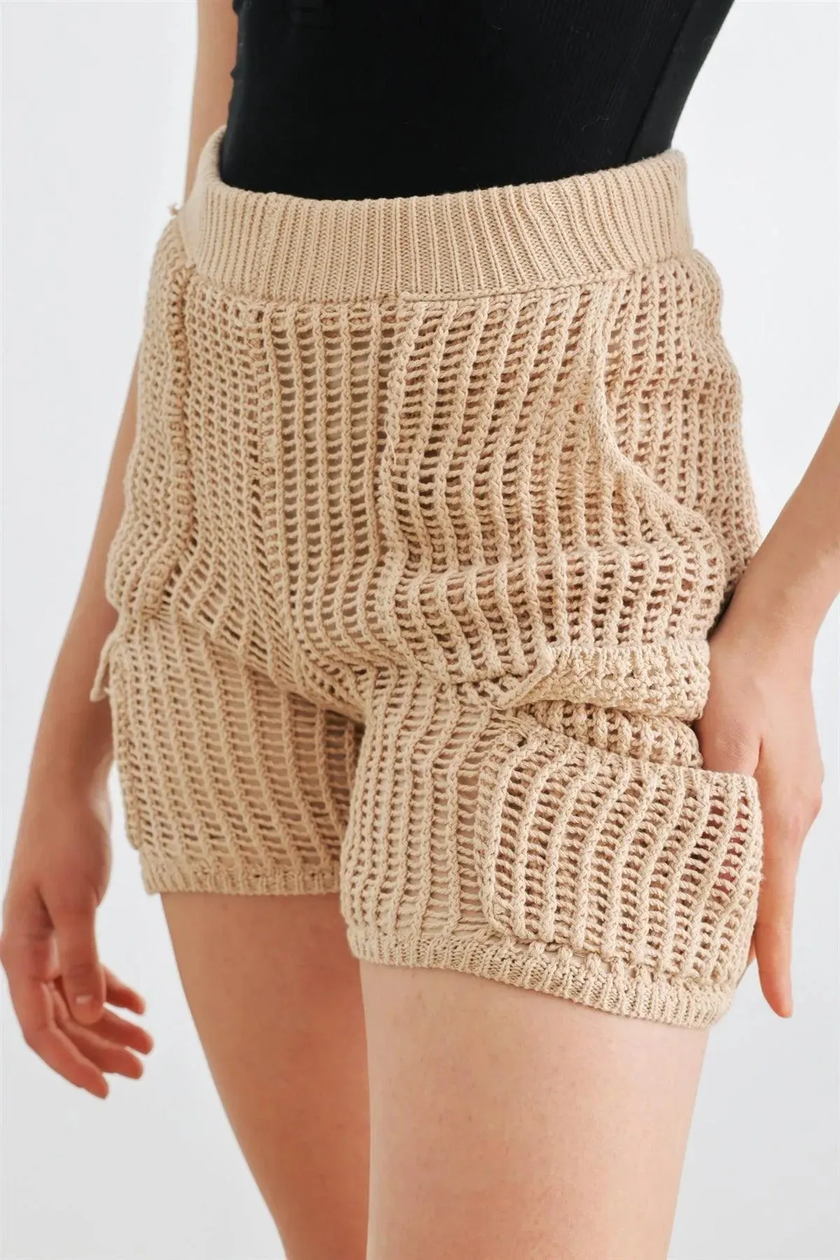 Taupe Knit Cotton Four Pocket High Waist Shorts