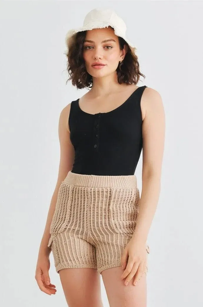 Taupe Knit Cotton Four Pocket High Waist Shorts