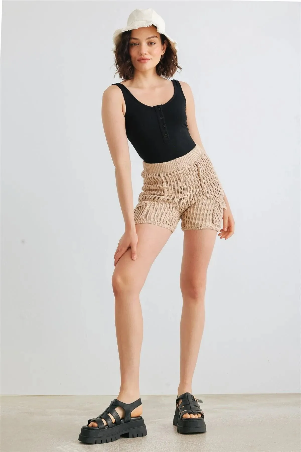 Taupe Knit Cotton Four Pocket High Waist Shorts