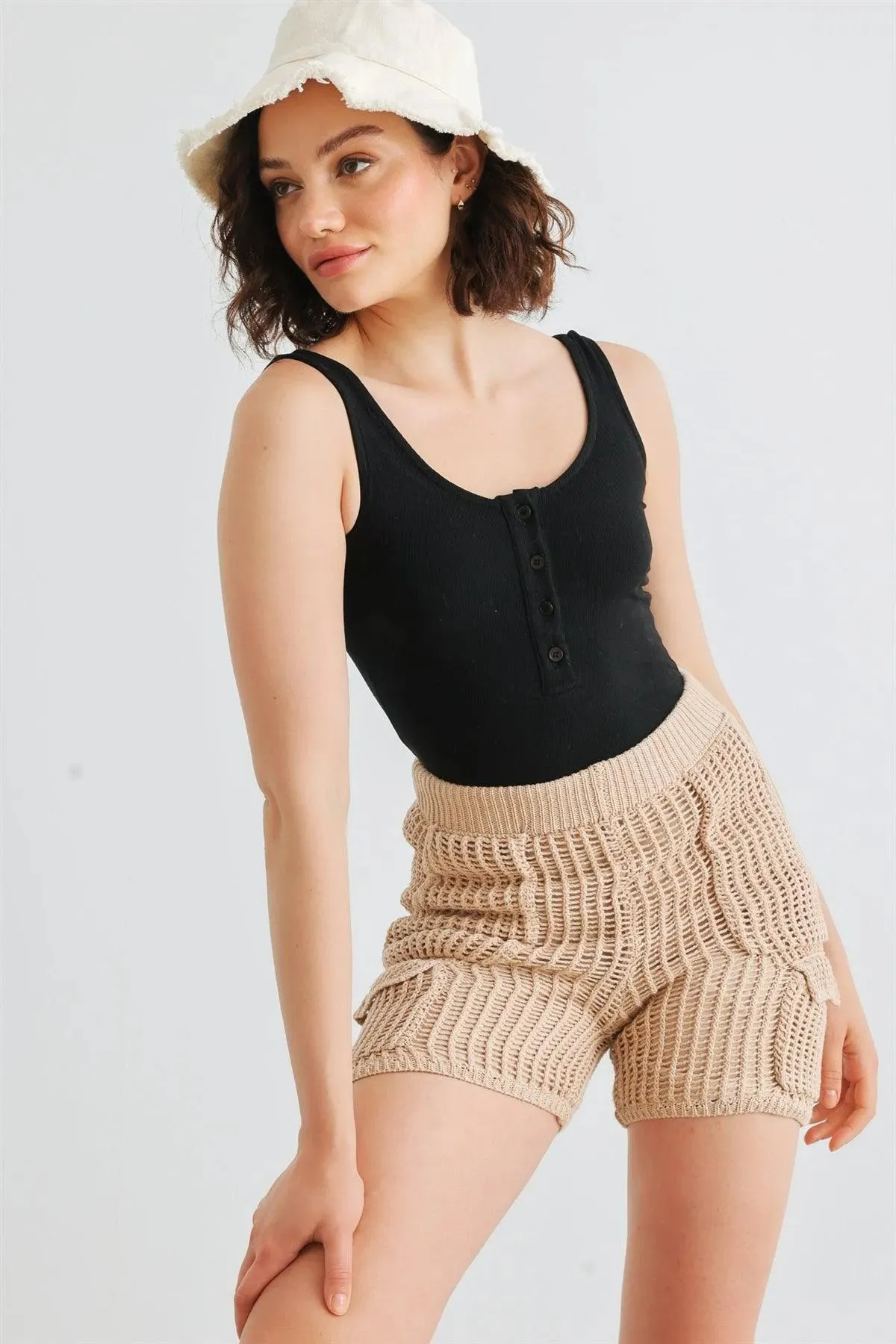 Taupe Knit Cotton Four Pocket High Waist Shorts