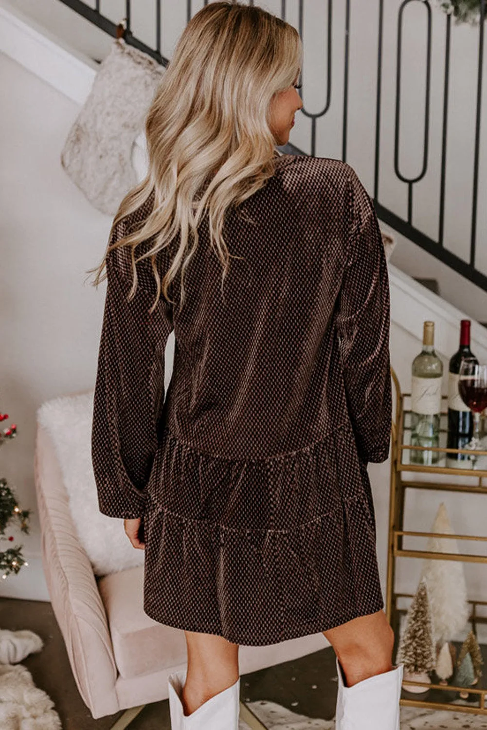 Textured Velvet V Neck Shift Dress