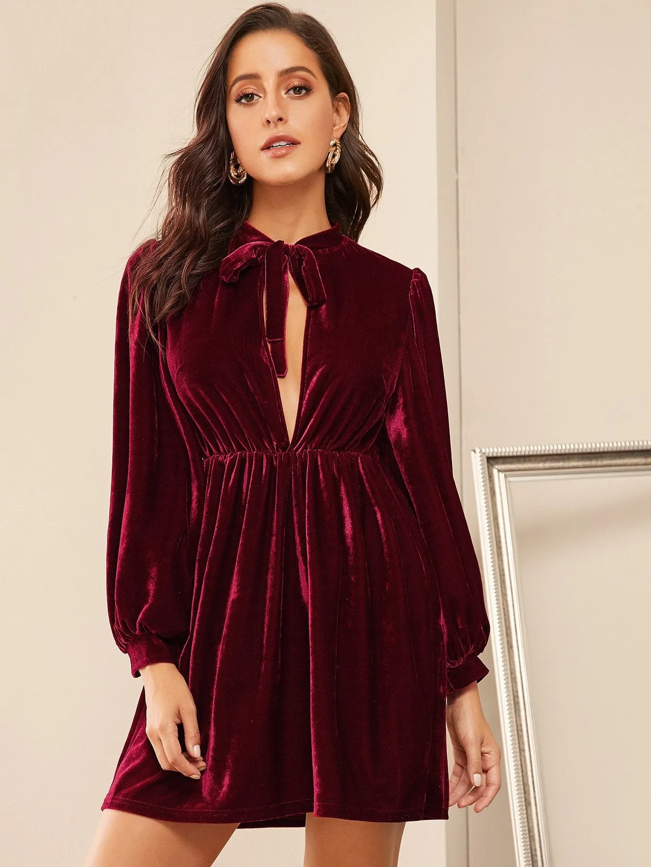 Tie Neck Flared Hem Velvet Dress