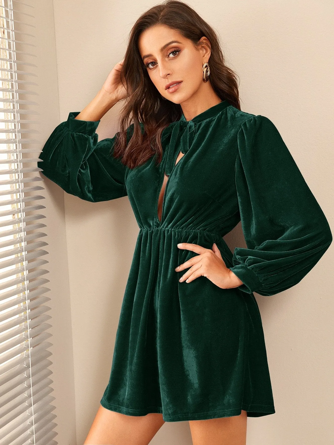 Tie Neck Flared Hem Velvet Dress