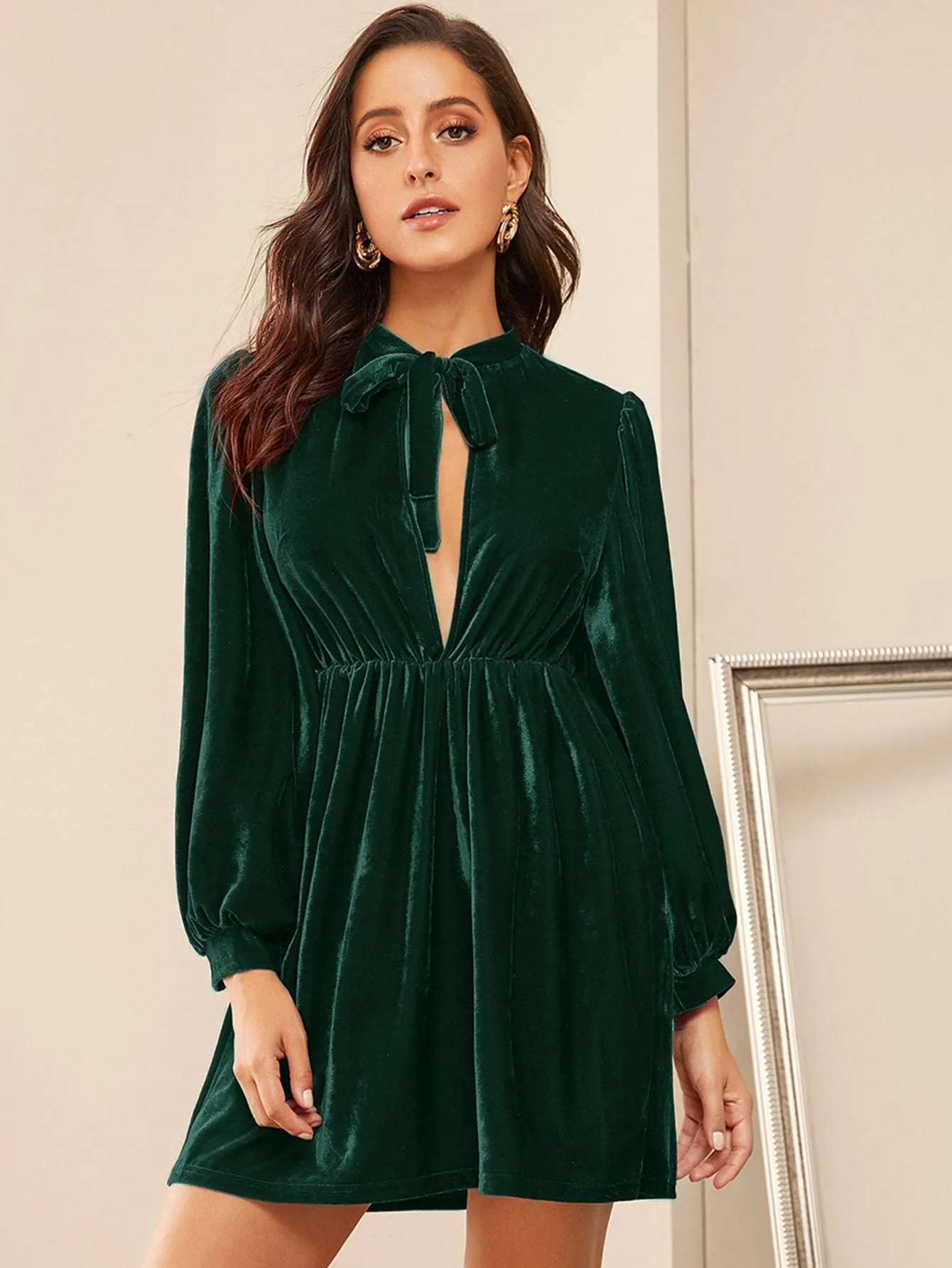 Tie Neck Flared Hem Velvet Dress