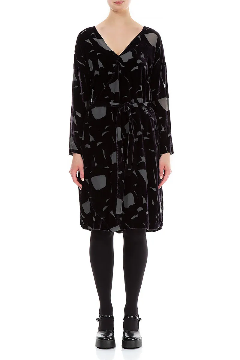 Tie Up Abstract Devoré Grey Silk Velvet Dress