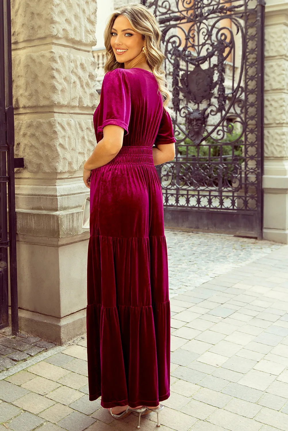 Velvet Shirred Waist Tiered Maxi Dress