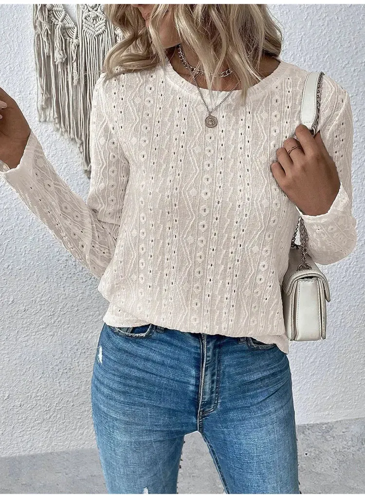 Women Eyelet Detail Blouse with Long Sleeves