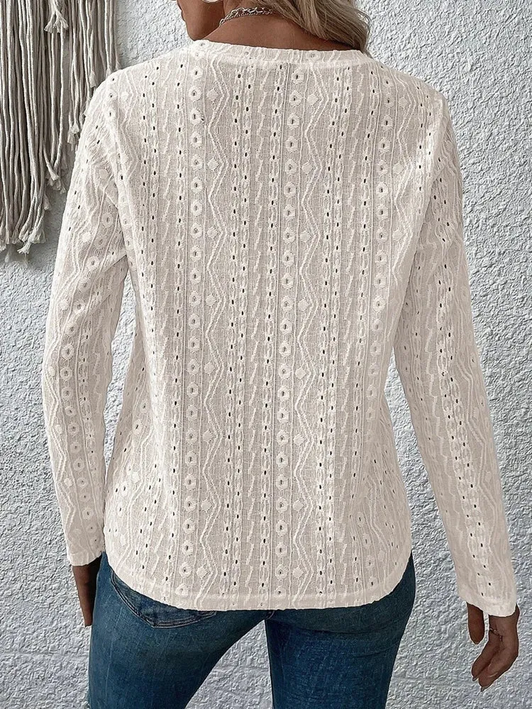 Women Eyelet Detail Blouse with Long Sleeves