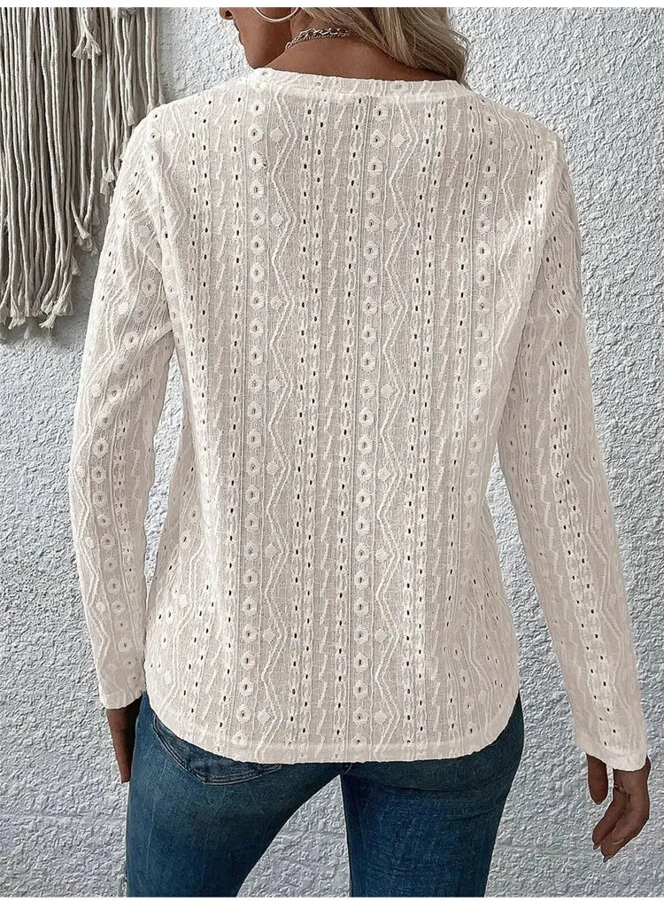 Women Eyelet Detail Blouse with Long Sleeves