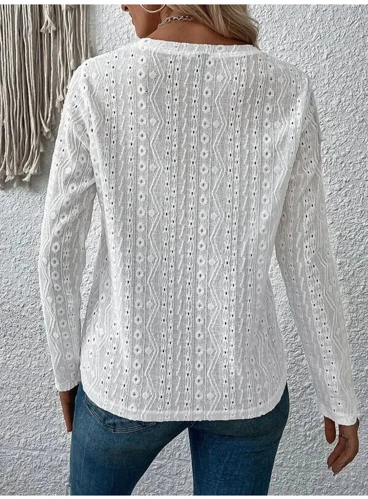 Women Eyelet Detail Blouse with Long Sleeves