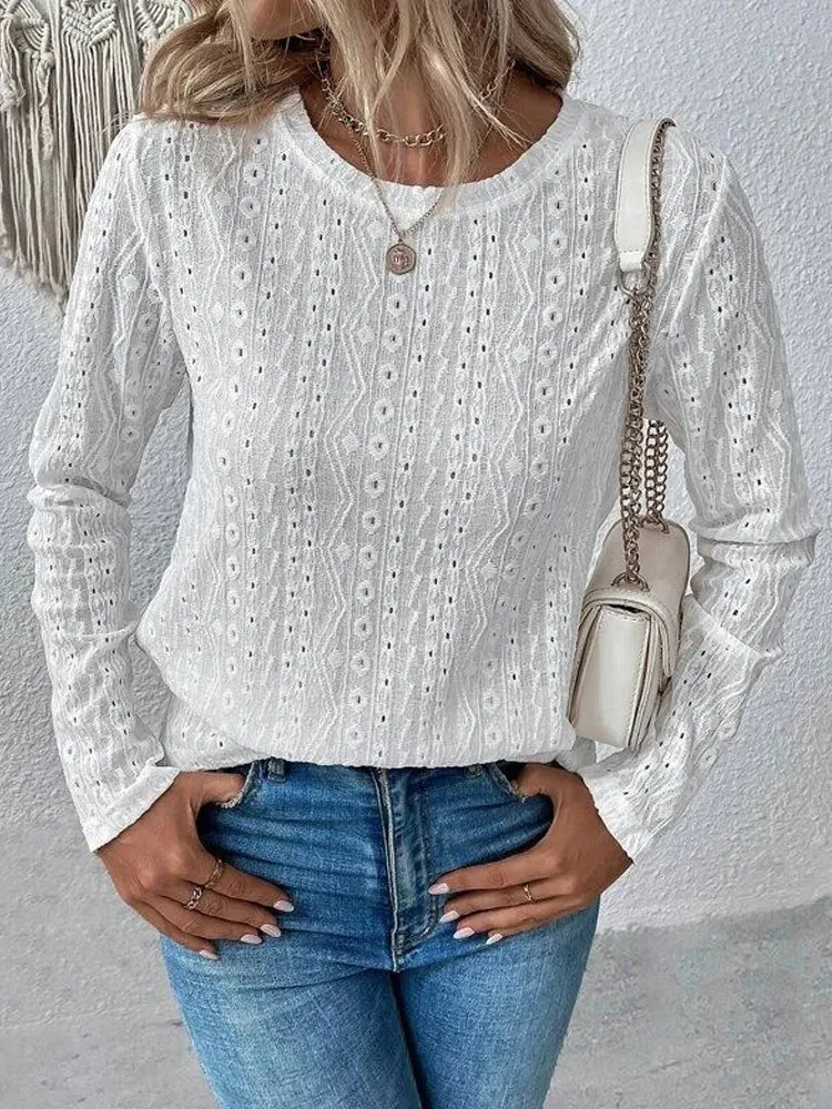 Women Eyelet Detail Blouse with Long Sleeves