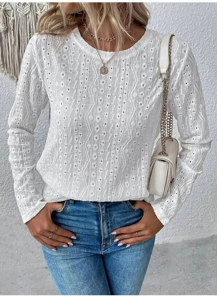 Women Eyelet Detail Blouse with Long Sleeves