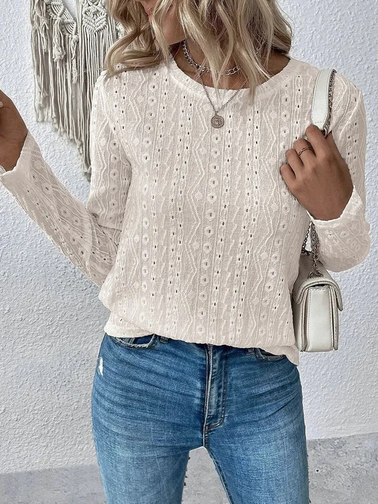 Women Eyelet Detail Blouse with Long Sleeves