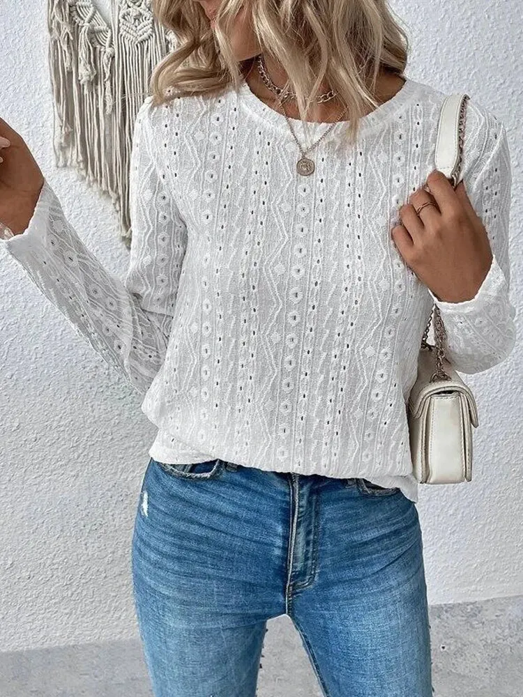 Women Eyelet Detail Blouse with Long Sleeves