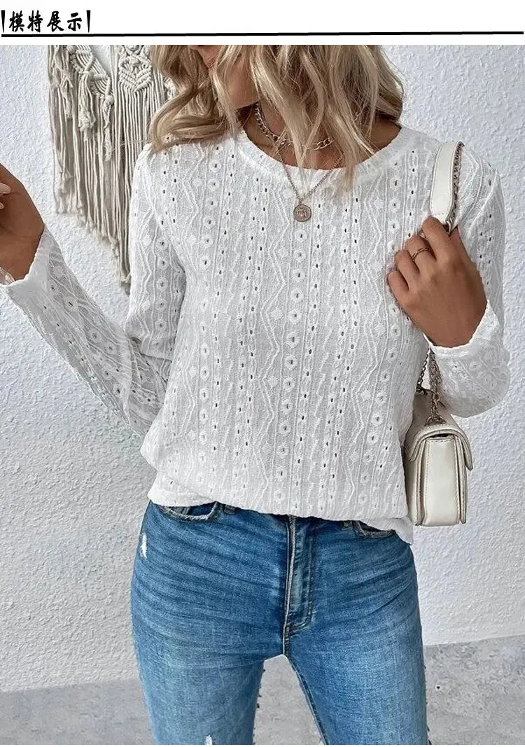 Women Eyelet Detail Blouse with Long Sleeves