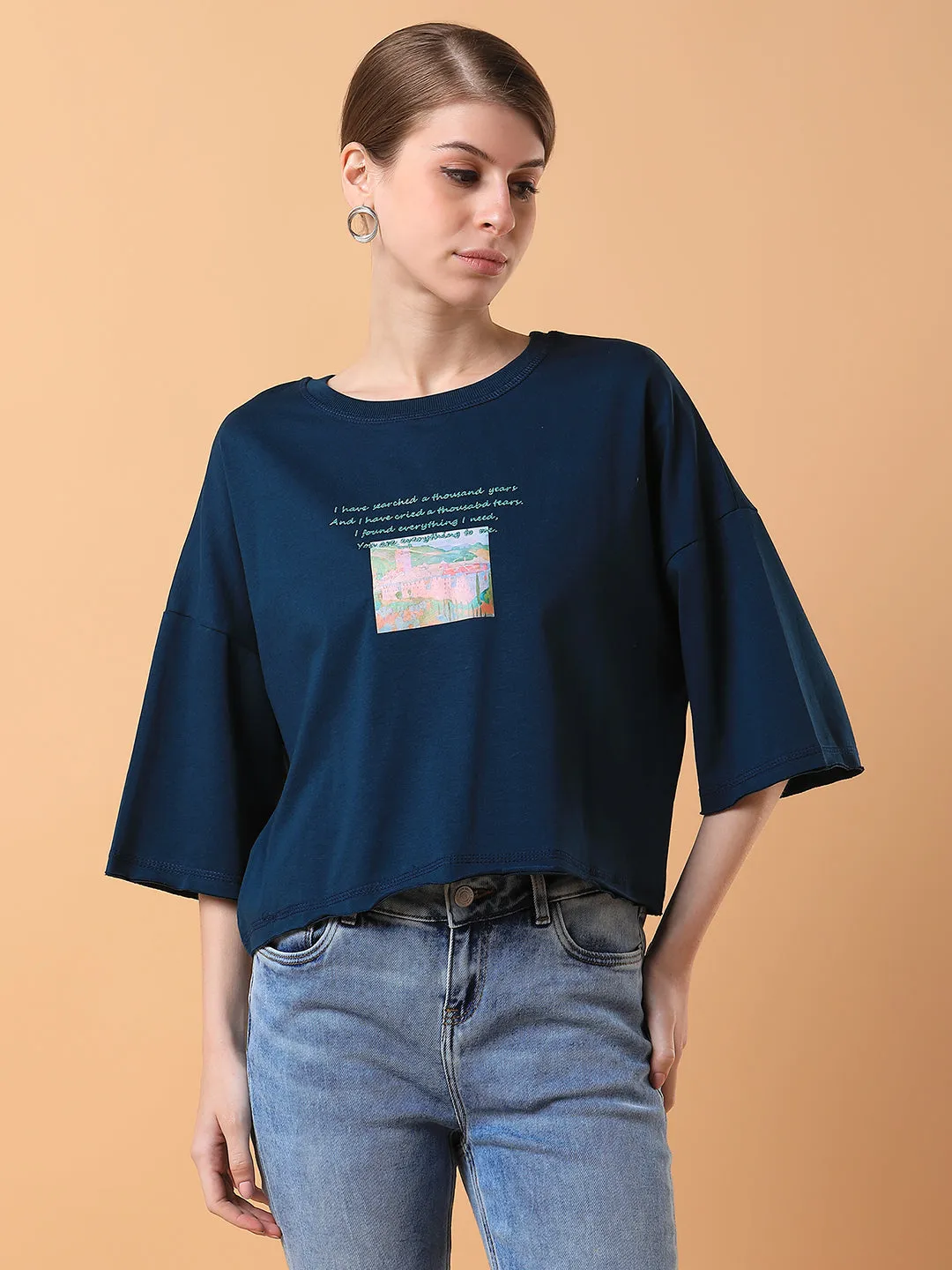 Women Graphic Teal Boxy Crop T shirt