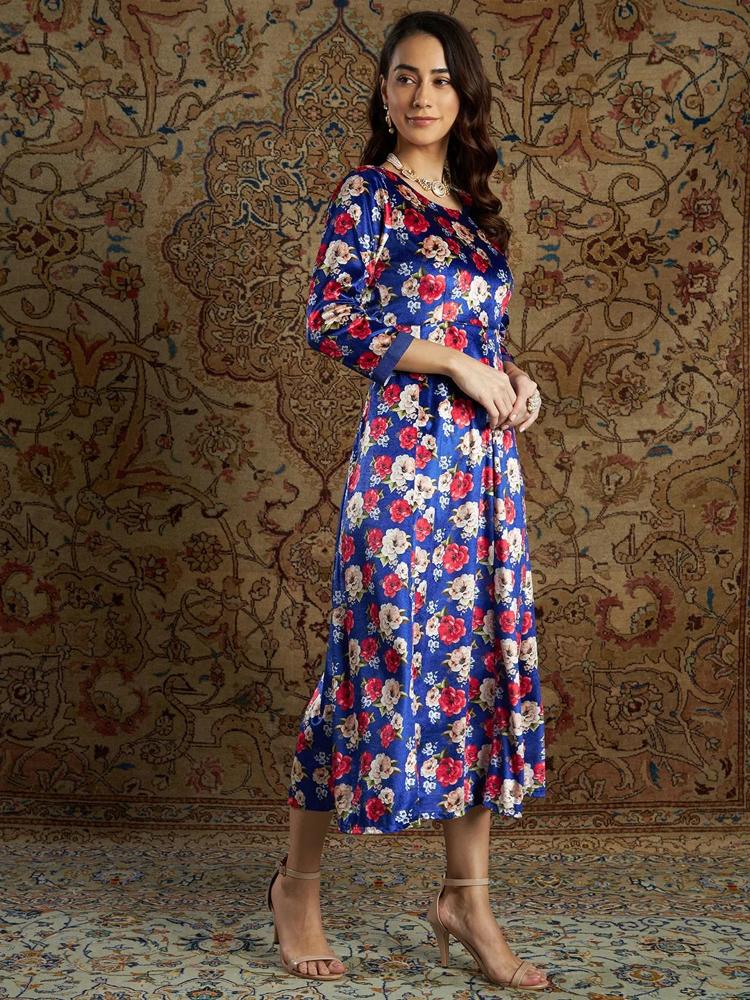 Women Royal Blue Floral Velvet Printed Anarkali Dress