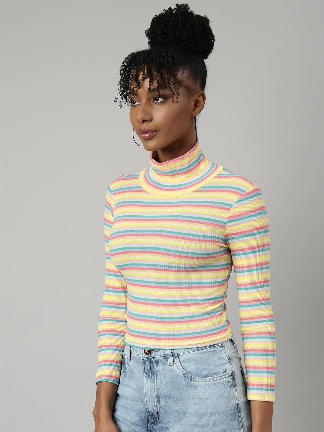 Women Yellow Horizontal Stripes Fitted Crop Top