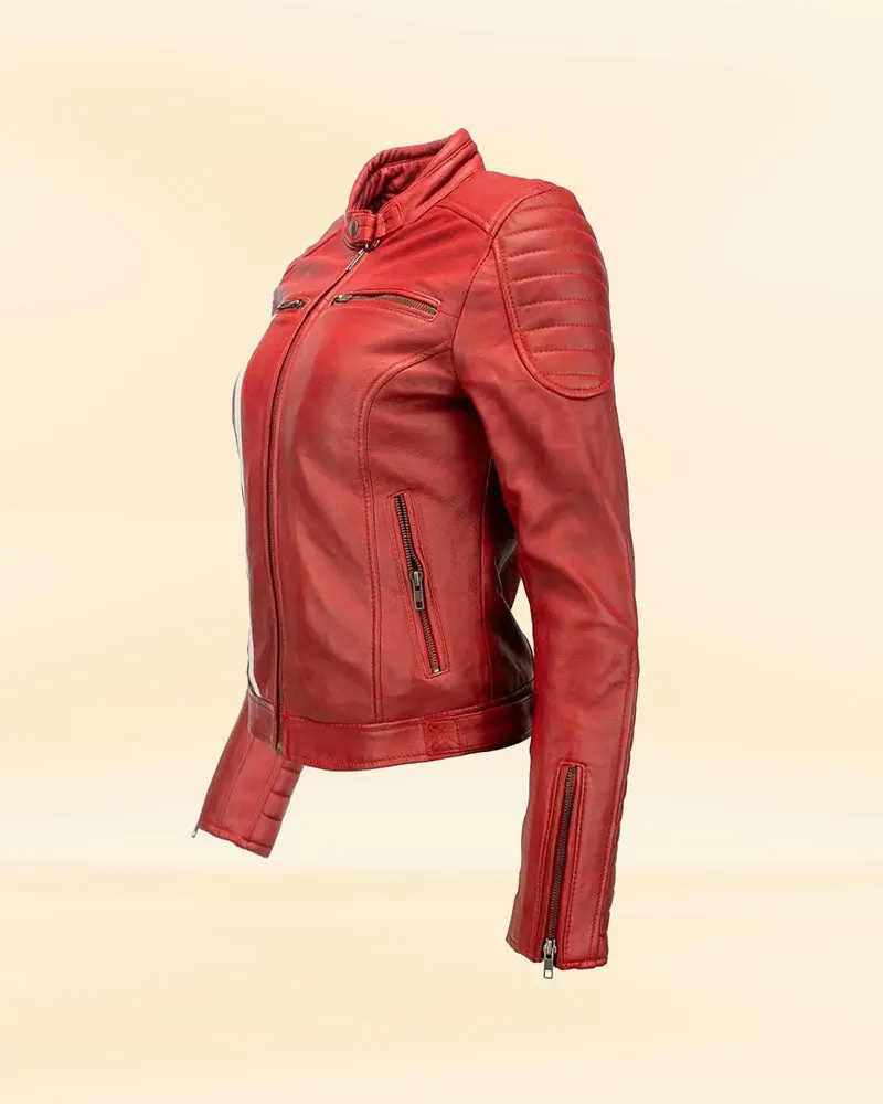 Women's Red Leather Biker Jacket with Stripes