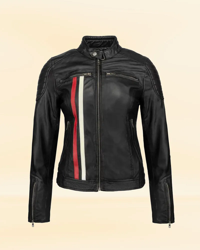 Women's Red Leather Biker Jacket with Stripes