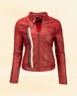 Women's Red Leather Biker Jacket with Stripes