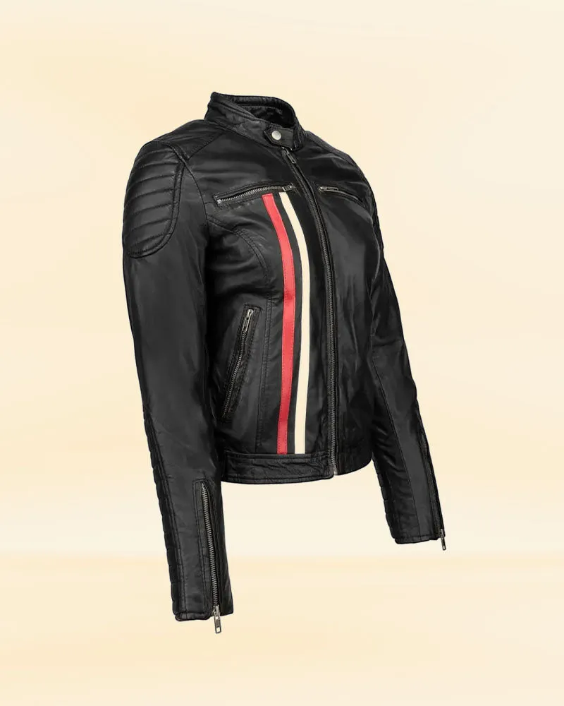 Women's Red Leather Biker Jacket with Stripes