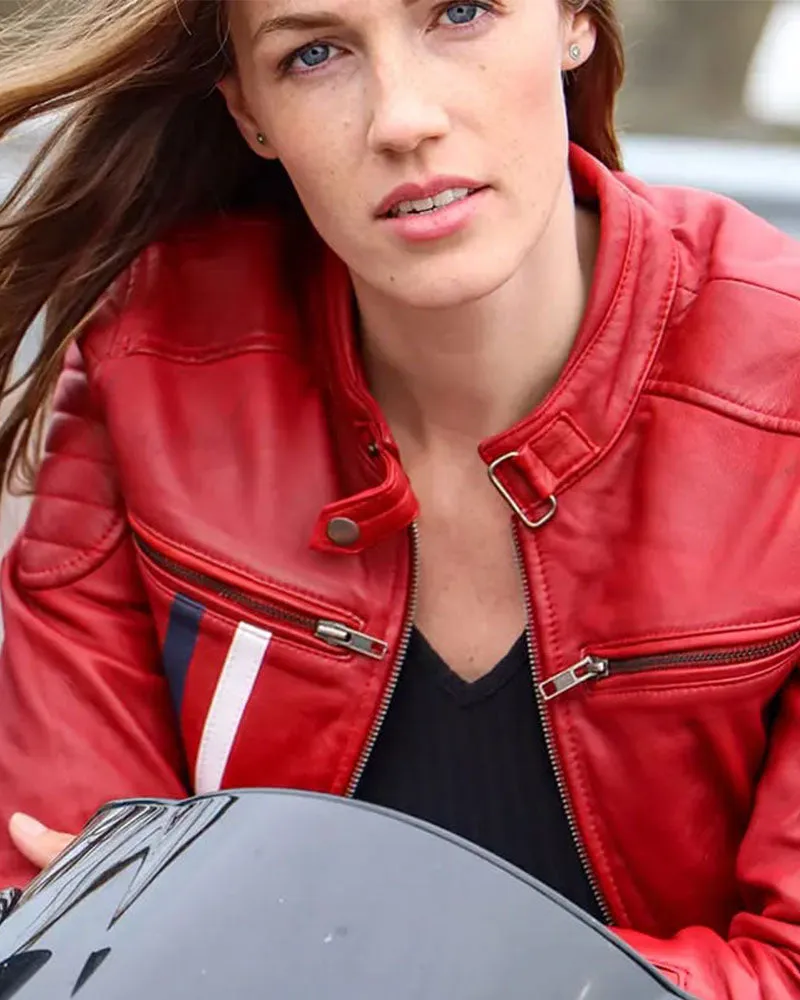 Women's Red Leather Biker Jacket with Stripes