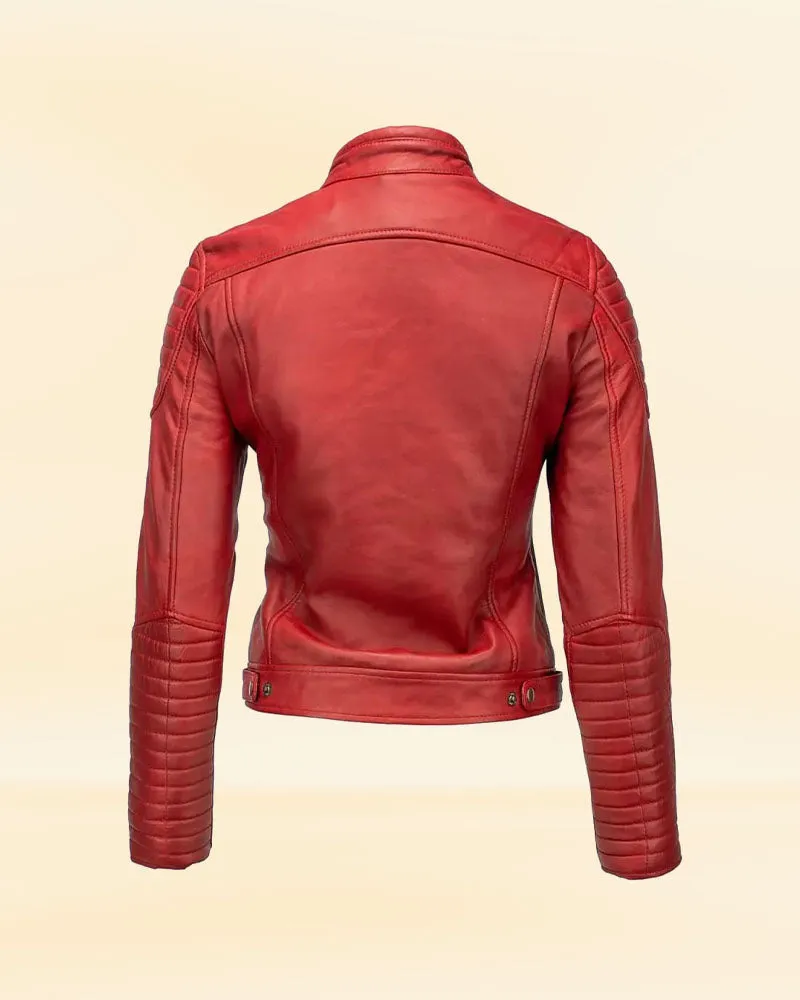 Women's Red Leather Biker Jacket with Stripes