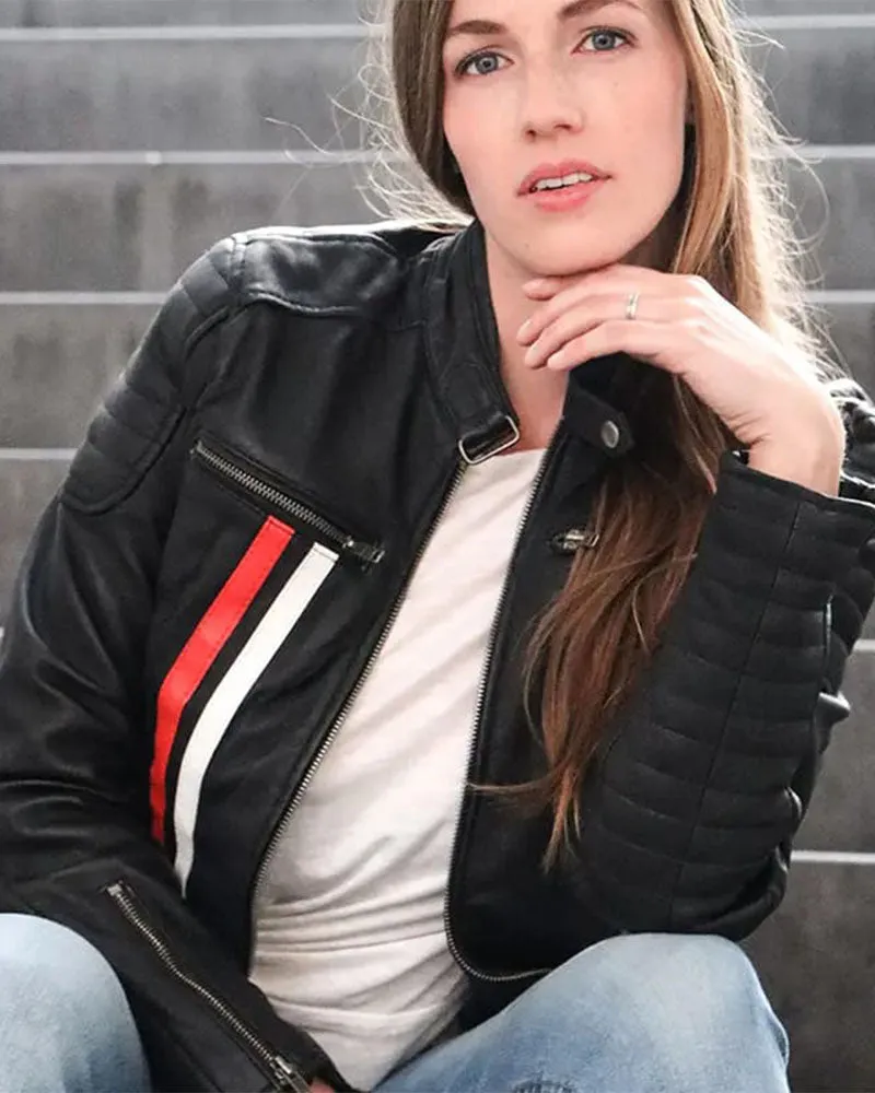 Women's Red Leather Biker Jacket with Stripes