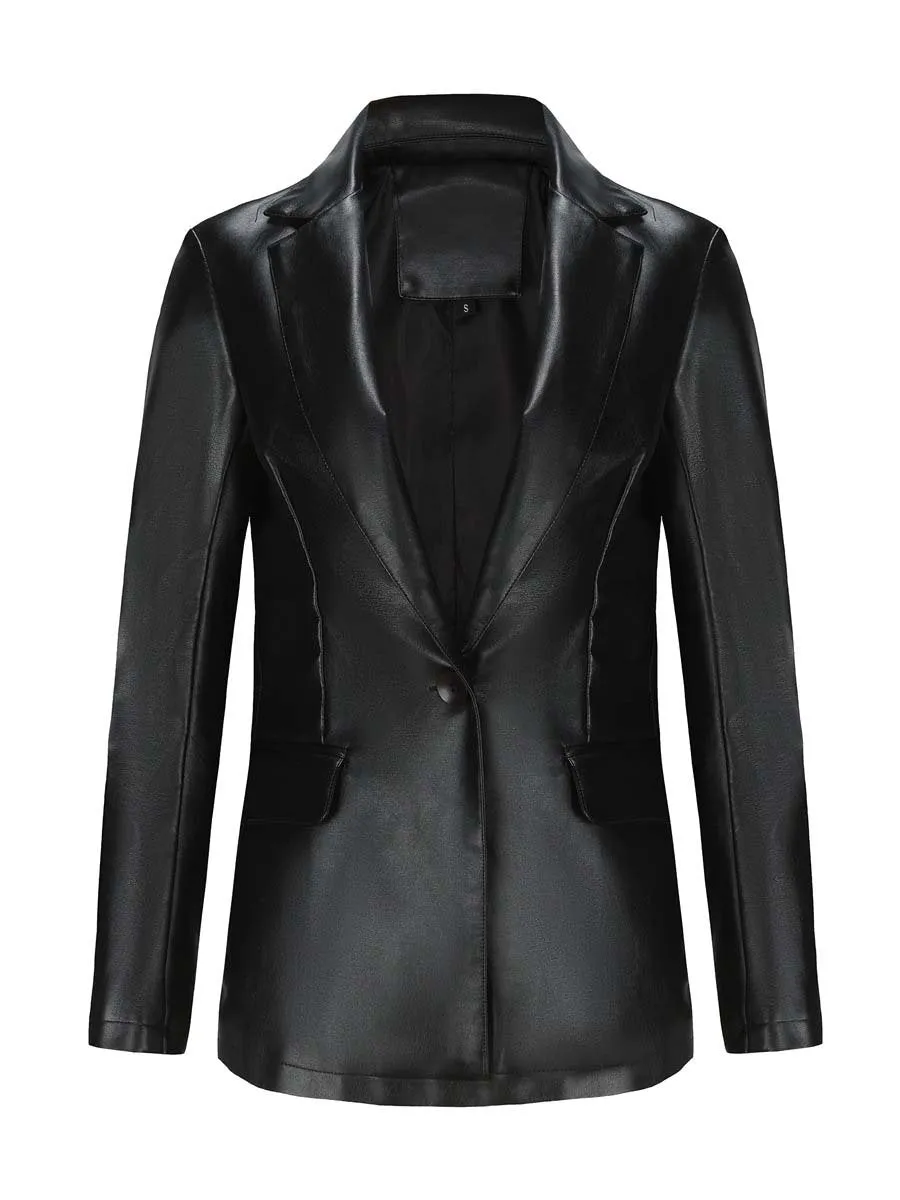 Women's Single Button Leather Blazer